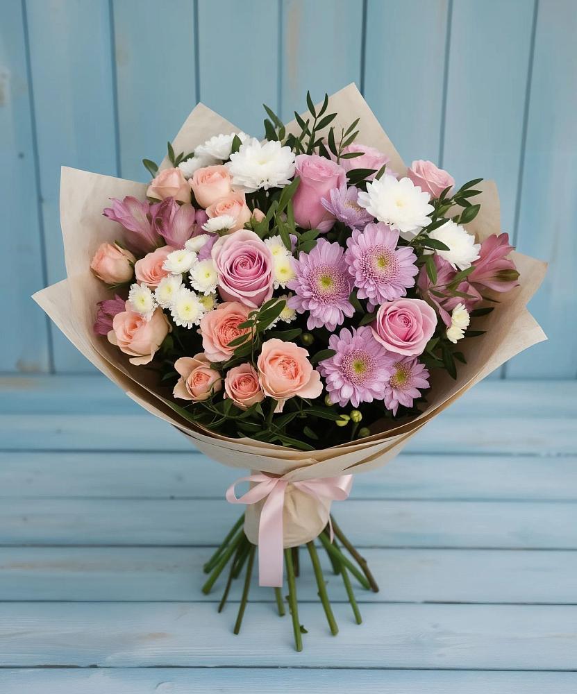 Букет цветов из: Хризантемы, Розы и Альстромерии в Новощербиновской