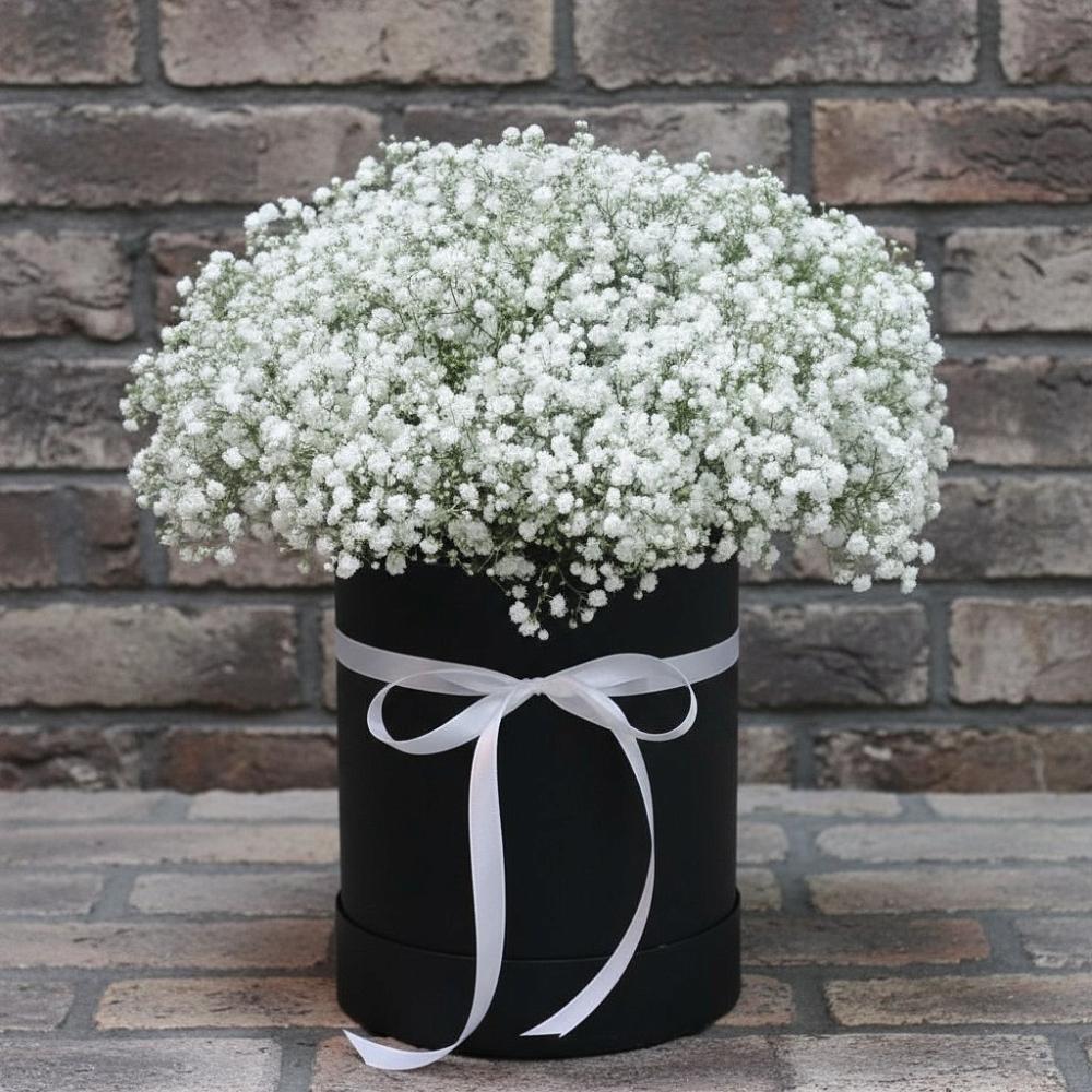 Цветочная композиция из Гипсофила в шляпной коробке в Новощербиновской