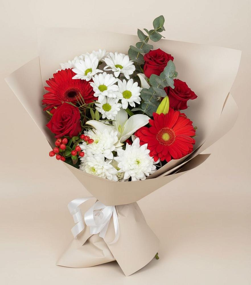 Букет цветов из: Розы, Хризантемы, Герберы и Лилии в Новощербиновской