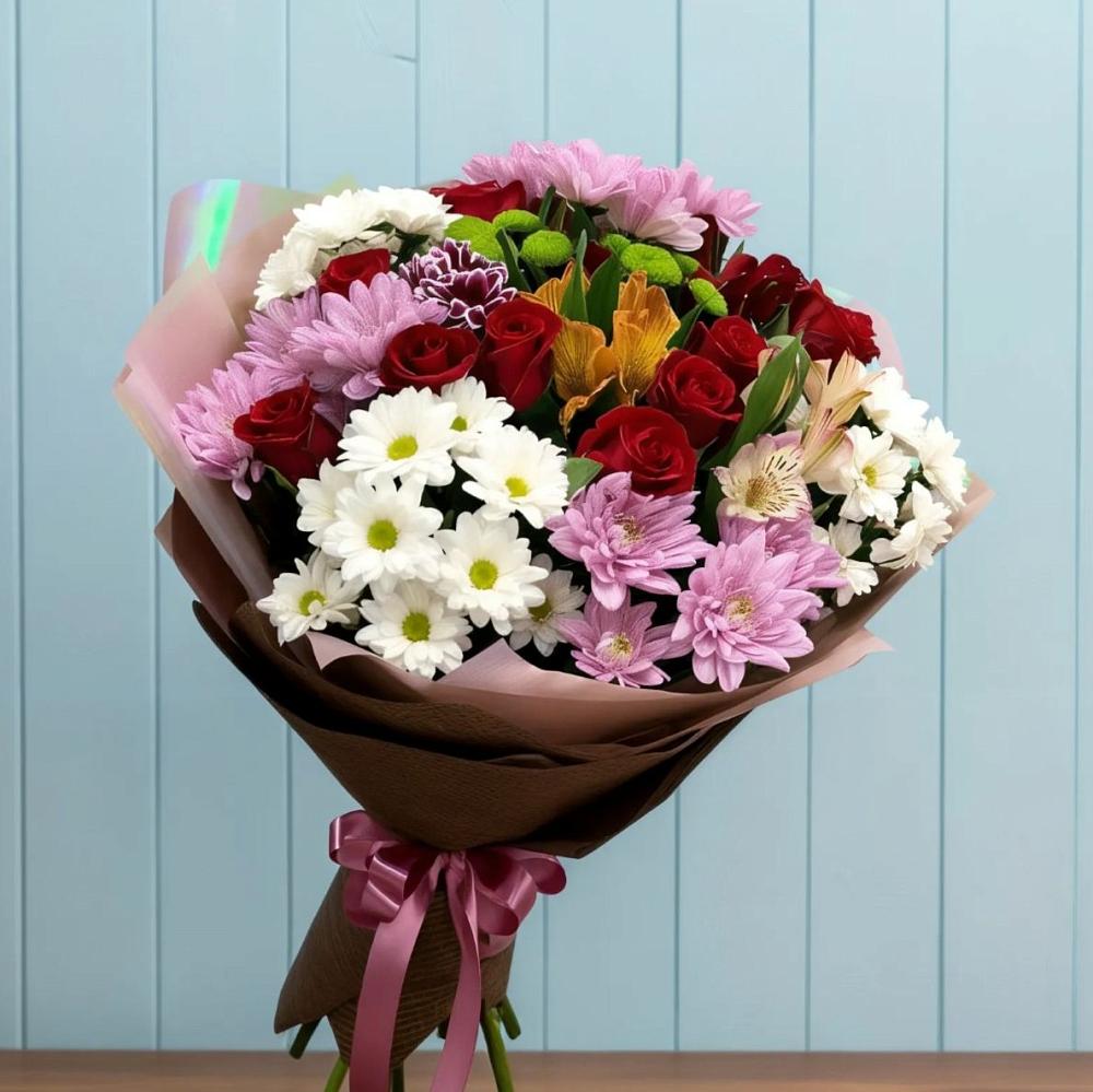 Букет цветов из: Розы, Хризантемы и Альстромерии в Новощербиновской