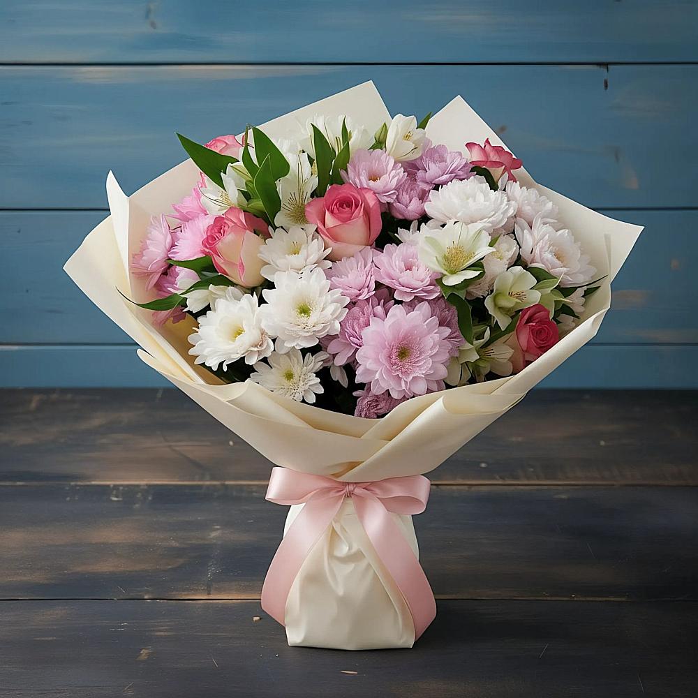 Букет цветов из: Хризантемы, Альстромерии и Розы в Новощербиновской